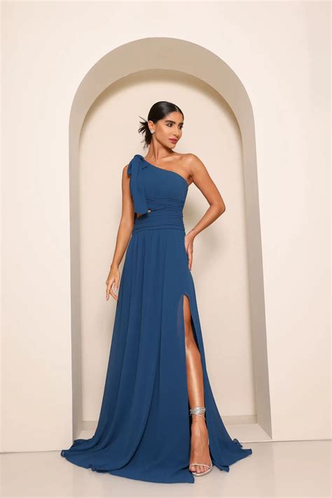 Vestido Paris Longo Um Ombro Azul Marinhodot Clothing