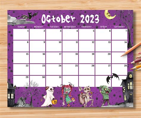 Editable October Calendar Spooky Halloween Night Party Printable