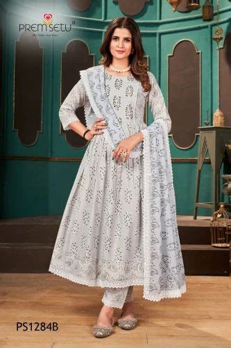 Premsetu Pure Muslin Print Round Kurti Pant On Hand Work With Muslin