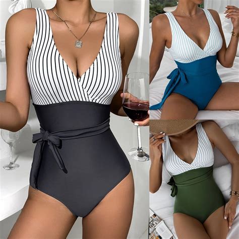 Designer Bikinis Womens Striped Stitching Solid Color Beachwear Swimsuit One Piece Black Bikini