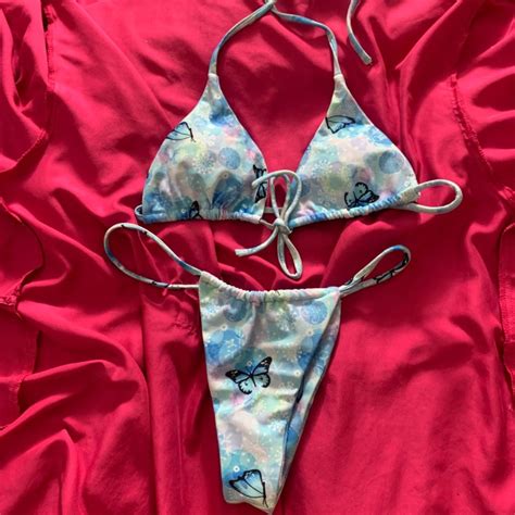 Front Tie Y K Butterfly Cheeky Bikini Blue Women S Fashion Swimwear