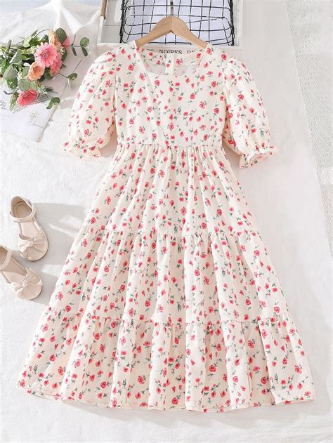 Gorotas Vestidos Impressão Floral Dits Manga Bufante Bainha babado