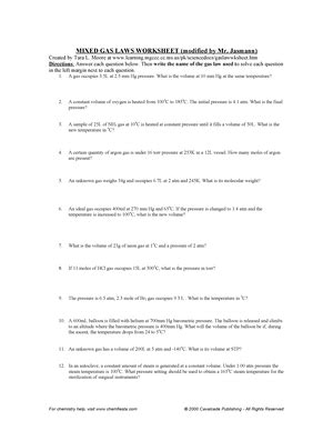 Gas Laws Review Sheet With Solutions MIXED GAS LAWS WORKSHEET