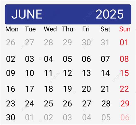 Calendario Junio 2025 Vector PNG ,dibujos Calendario 2025, Junio 2025