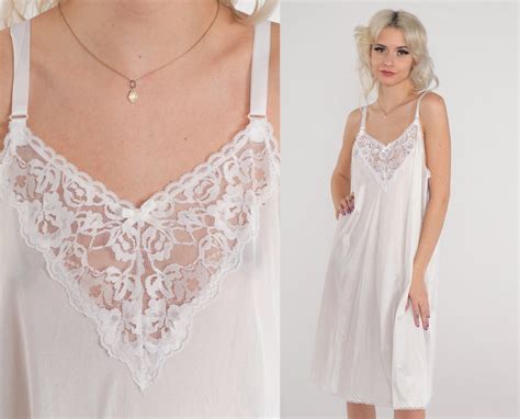 White Slip Dress 70s Lace Trim Lingerie Nightgown Mini Full Slip Adjustable Spaghetti Strap Boho
