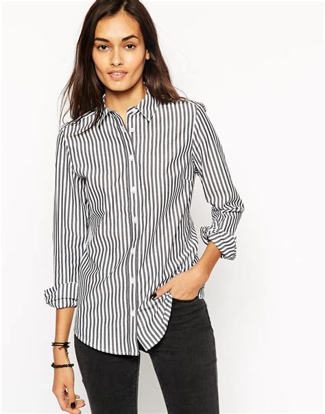 Lyst Asos Long Sleeve Black And White Stripe Fitted Shirt In Black