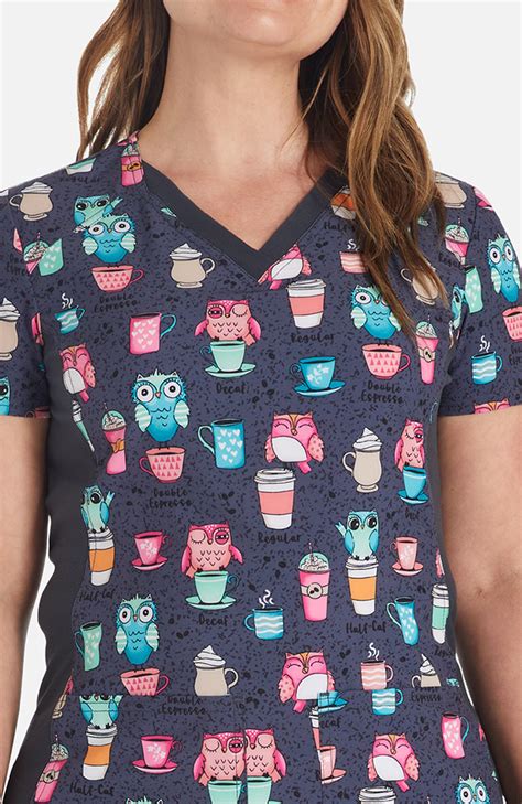 Womens Owl I Need Is Coffee Print Scrub Top Cherokee Uniforms