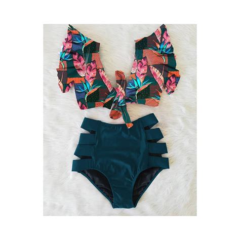 Z kwiatowym wzorem potargany Hem Bikini Set kobiety Flora V neck z wysokim stanem dwuczęściowy
