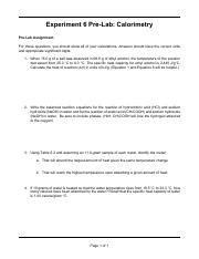 Lab Calorimetry Pre Lab Template Pdf Experiment Pre Lab