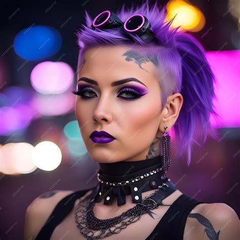 Premium Photo A Punk Style Girl With Modern Purple Hairstyle Look And Tattoos Wearing Leather