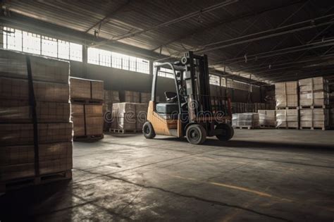 Forklift Loads Pallets And Boxes Into A Huge Hangar Or Warehouse