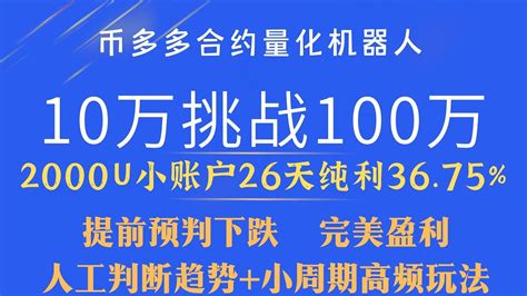 币多多10万挑战100万第2轮19天2000美金小账户26天纯盈利3675，人工趋势预测小周期高频玩法打开合约财富的钥匙btcftx