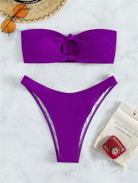 SHEIN Swim Vcay Conjunto de bikini liso con decoración de nudos parte superior de bandeau y