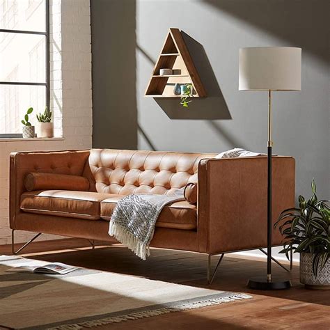 Camel Mid Century Modern Leather Couch With Tufted Cushions | Interior ...