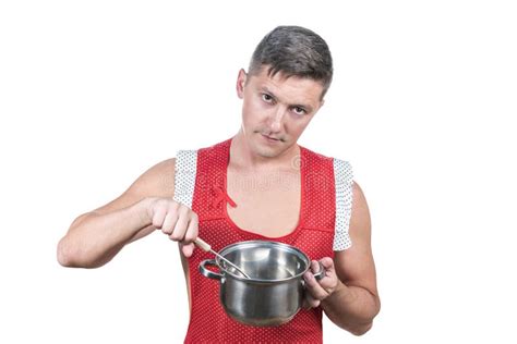 Naked Man In An Apron With Pan Stock Photo Image Of Kitchen Food