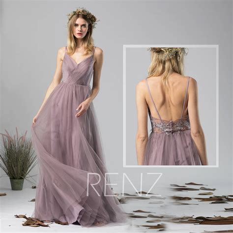 Bridesmaid Dress Dark Mauve Tulle Dress Wedding Dress Ruched V Neck