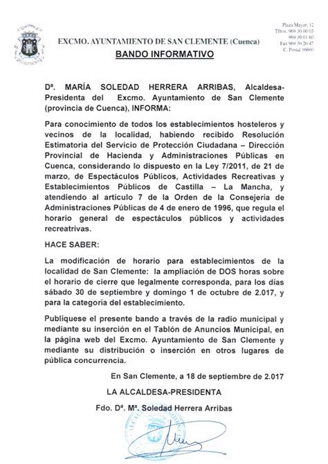 Bando Informativo Ampliaci N Horario Del Cierre De Establecimientos