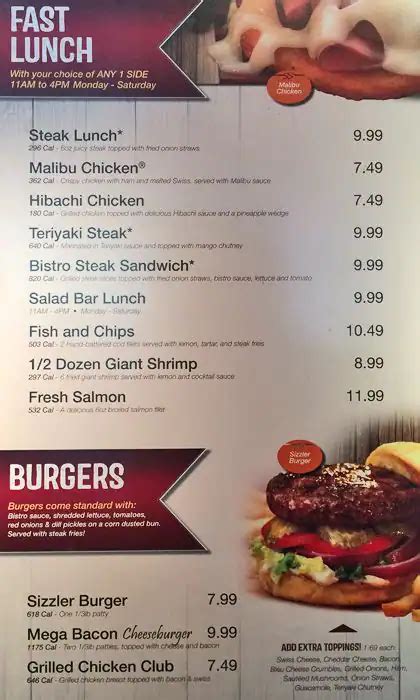 Menu at Sizzler steakhouse, Tukwila