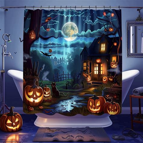 Spooky Halloween Night Shower Curtain Haunted House Moonlit Sky Horror