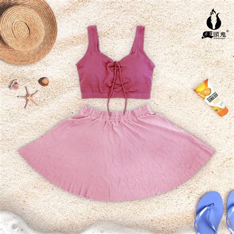 Baju Renang Sexy Two Peach Rok Hot Spring Model Bikini Korea Simple Look Fesyen Wanita
