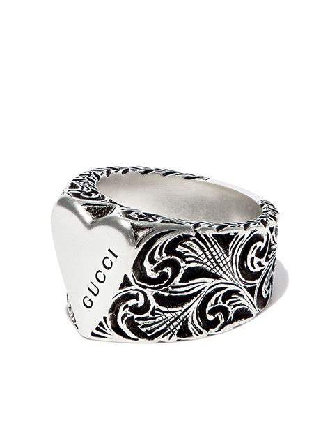 Gucci Sterling Silver Heart Engraved Wide Band Ring Modesens