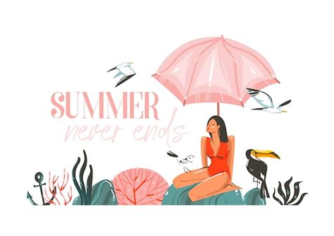 Dibujado a mano ilustración gráfica plana abstracta con mujer de belleza joven y feliz en bikini