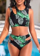 Mid Waisted Leaf Print Cut Out Black Bikini Set Rosewe Usd