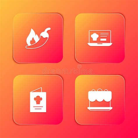 Set Hot Chili Pepper Pod Online Ordering And Delivery Cookbook And Cake Icon Vector Stock