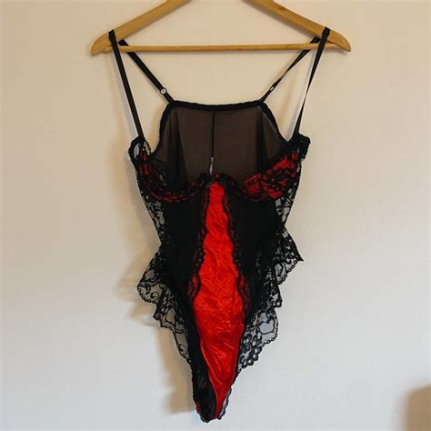 Vintage Intimates And Sleepwear Vtg Black Red Satin Scalloped Lace Teddy Lingerie Poshmark