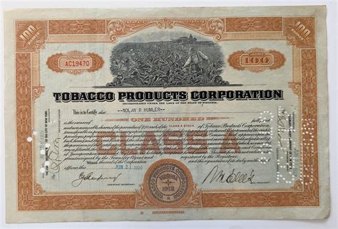 Lot Tobacco Products Corporation Stock Certificate