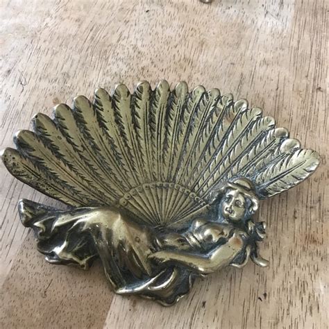 ART NOUVEAU STYLE Cast Brass Risque Nude Lady With Feather Fan Trinket Dish PicClick UK
