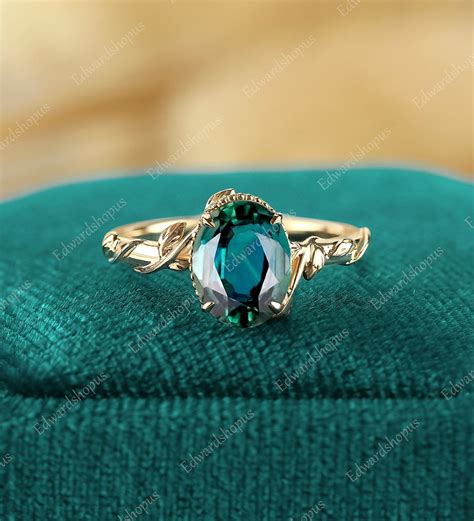 Oval Teal Sapphire Engagement Ring Blue Green Sapphire Ring Vintage Rose Gold Ring Solitaire