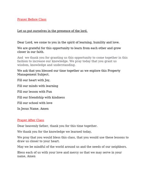 Prayer Before After Class Pdf