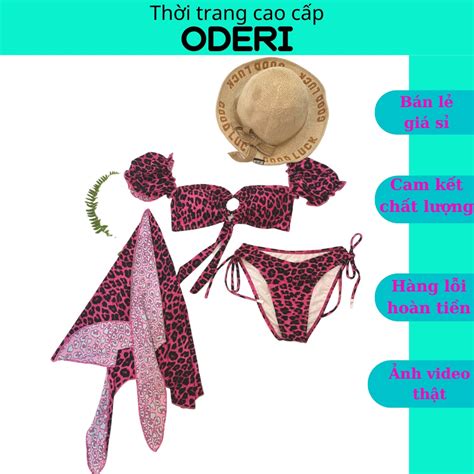 SET BIKINI ĐỒ BƠI ĐI BIỂN HAI MẢNH ÁO KHOEN NGỰC TAY BỒNG KÈM KHĂN BEO HỒNG SEXY HM