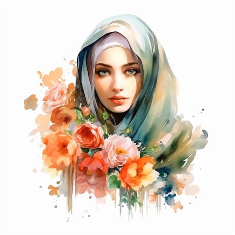 Fille Musulmane Entour E De Fleurs Aquarelle Vecteur Premium