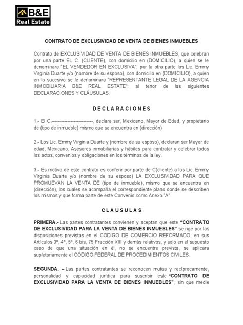 Contrato De Exclusividad De Venta De Bienes Inmuebles Pdf Derecho