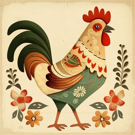 Vintage Folk Art Chicken Rooster Digital Download Etsy