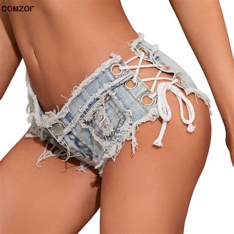 Sexy Women Low Waist Denim Shorts Bandage Hollow Out Hot Jeans Hole Night Club Polo Dance