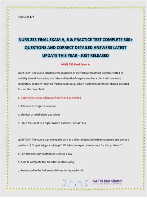 NURS 233 FINAL EXAM A, B & PRACTICE TEST COMPLETE 500+ QUESTIONS AND