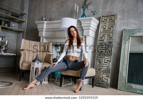 Beautiful Sexy Brunette Girl Jeans Lingerie Stock Photo Edit Now