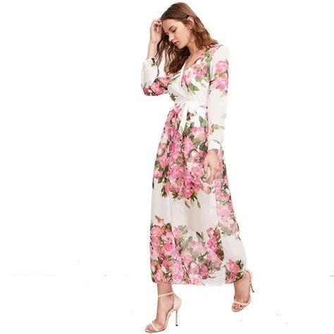 Surplice Neckline Florals Self Tie Chiffon A Line Wrap Deep V Neck Long