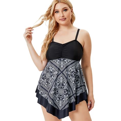 Plus Size Ethnic Print Bikini Set Women S Plus Medium Stretch Vacation Swimsuit Set Bathing