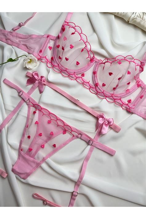ROZENİN LINGERIE Pembe Kalpli lü Set Kurdele Detaylı Jartiyer Fantezi