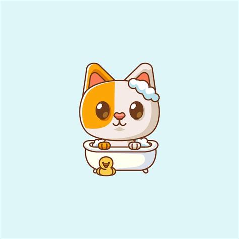 Premium Vector Cute Cat Bathing Time In Bathtub Kawaii Chibi Character Mascot Illustration