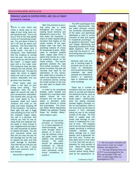 Pinhole leaks in copper pipes - Policyholders of America (POA)