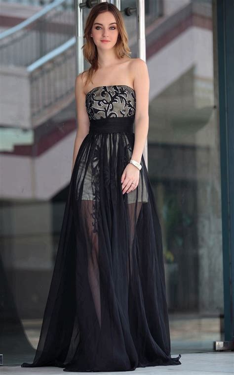 Black Tulle Transparent Strapless Tube Long Prom Dress Dresses