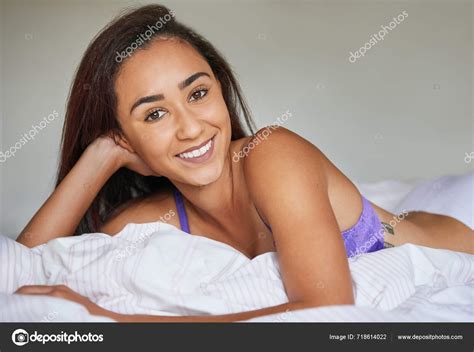 Portrait Sexy Woman Lingerie Bed Seductive Smile Home Posing Bra Stock Photo Peopleimages