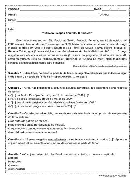 Exercícios Adjunto Adverbial 8 Ano Pdf - Exercícios sobre Adjunto Adverbial 8º Ano | PDF | Artes Linguísticas e ...