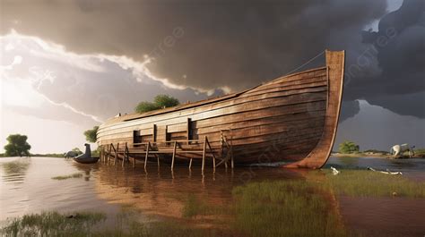 noah  boat resting   shore   stormy sky background
