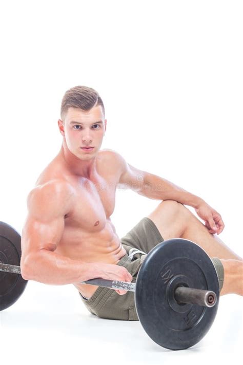 Muscular Man Working Out In Studio Doing Exercises With Barbell At Biceps Strong Male Naked